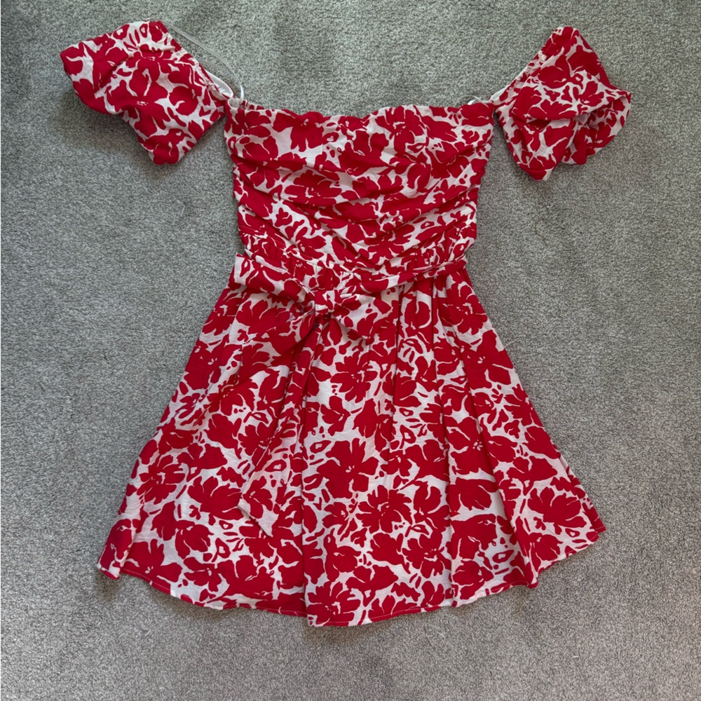 Red & white Floral Off-Shoulder Mini Dress